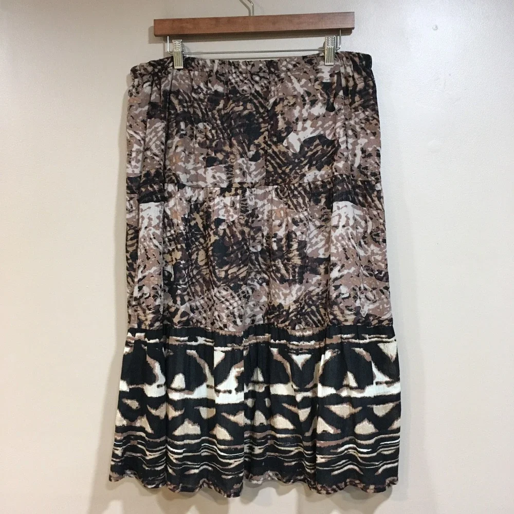 Laura Scott Tiered Midi‎ Skirt Womens L Brown Boho Jungle Safari Earthy Peasant